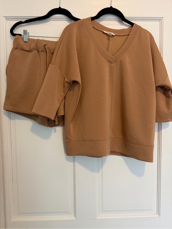 Cable & Gauge Tops - 2 PC SET Cable & Gauge Scuba Knit V-Neck Oversized Shorts Lounge Set - Camel Tan